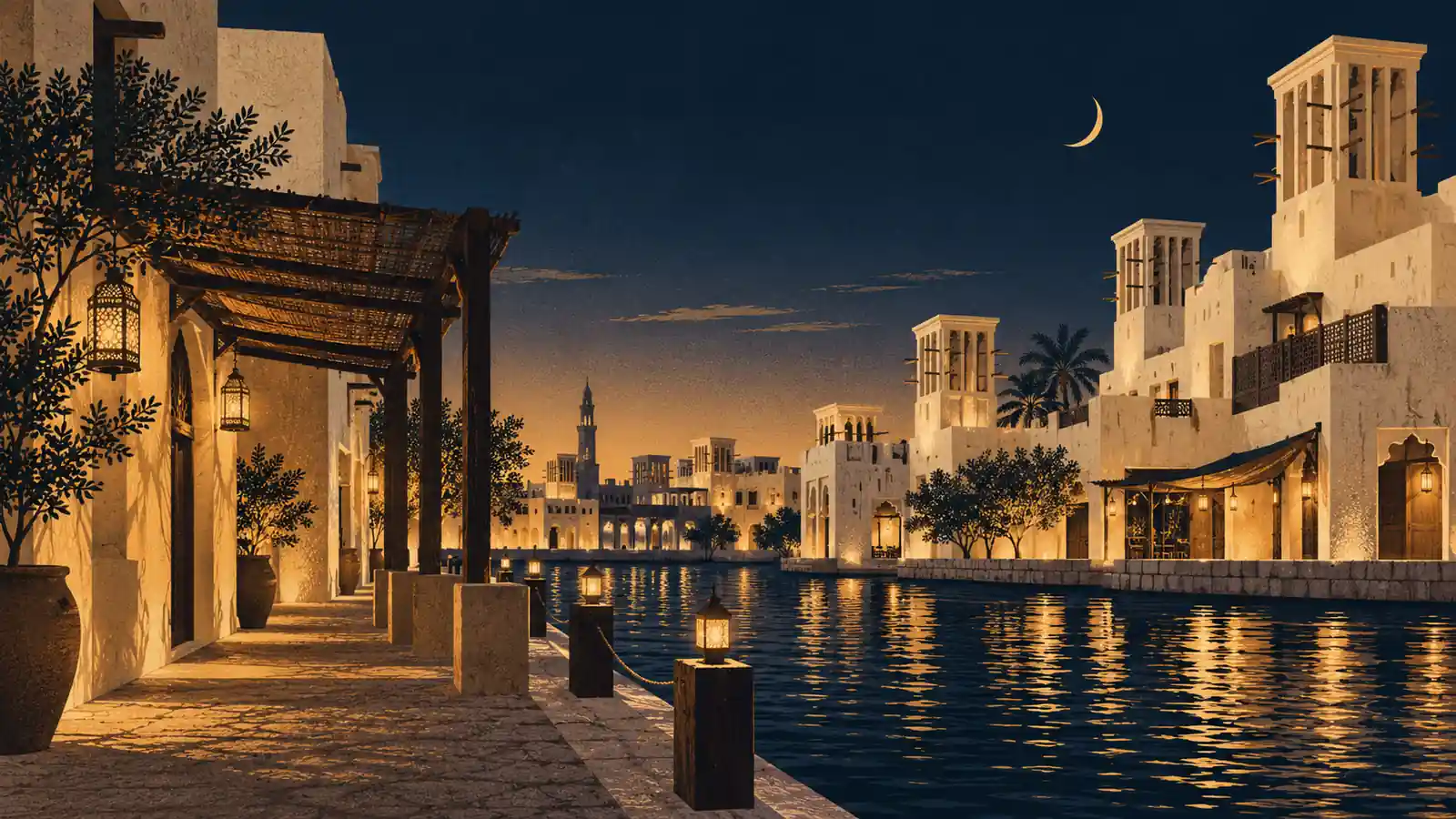 Editorial illustration of a warm evening beside the heritage-style Al Seef waterfront.
