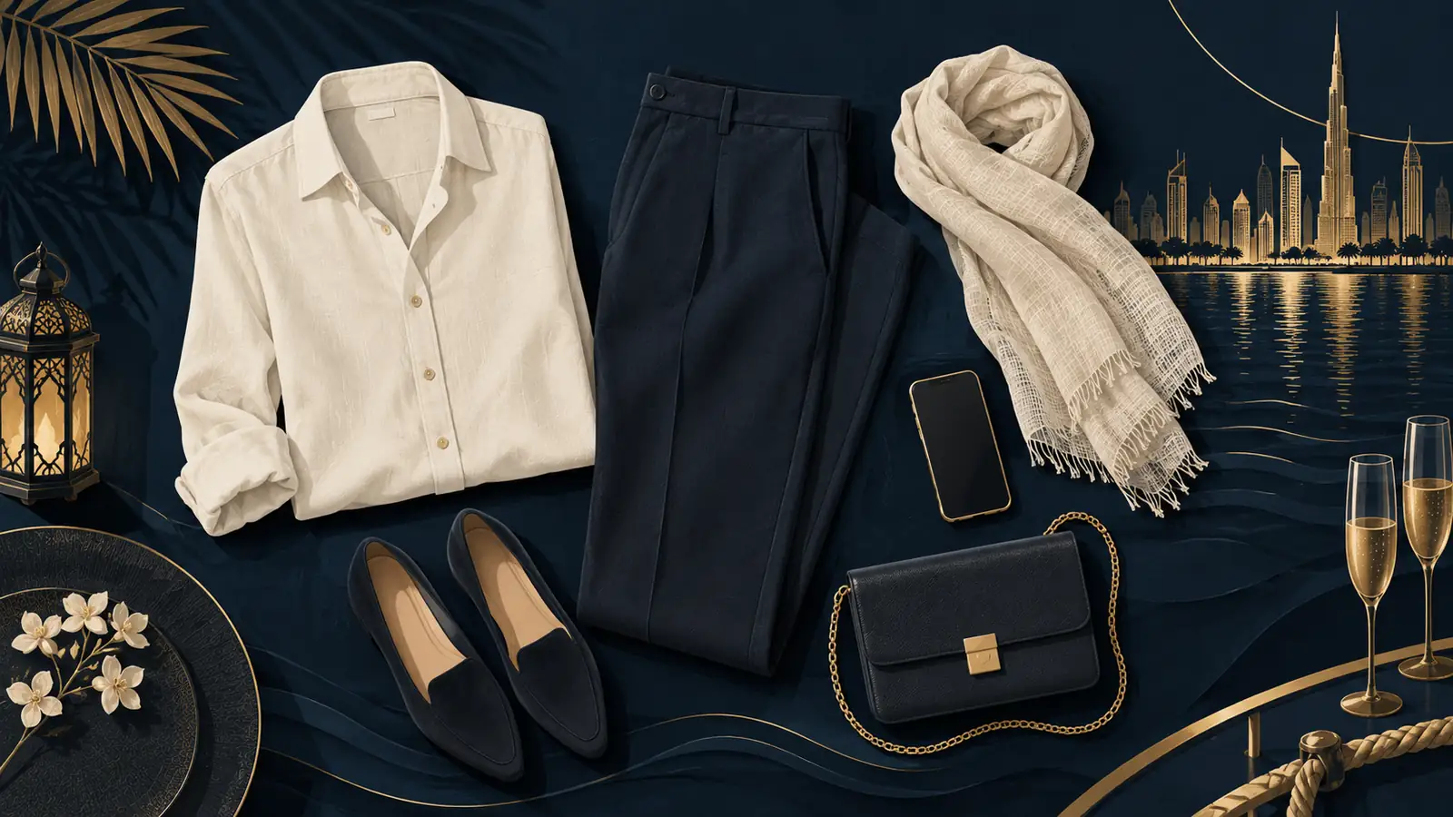 Editorial illustration of comfortable clothing, footwear and useful evening-cruise items.