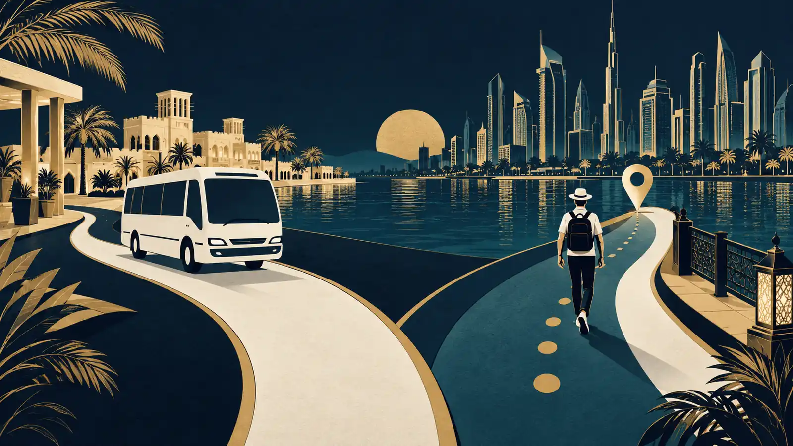 Editorial illustration of pickup planning and two separate Dubai waterfront settings.