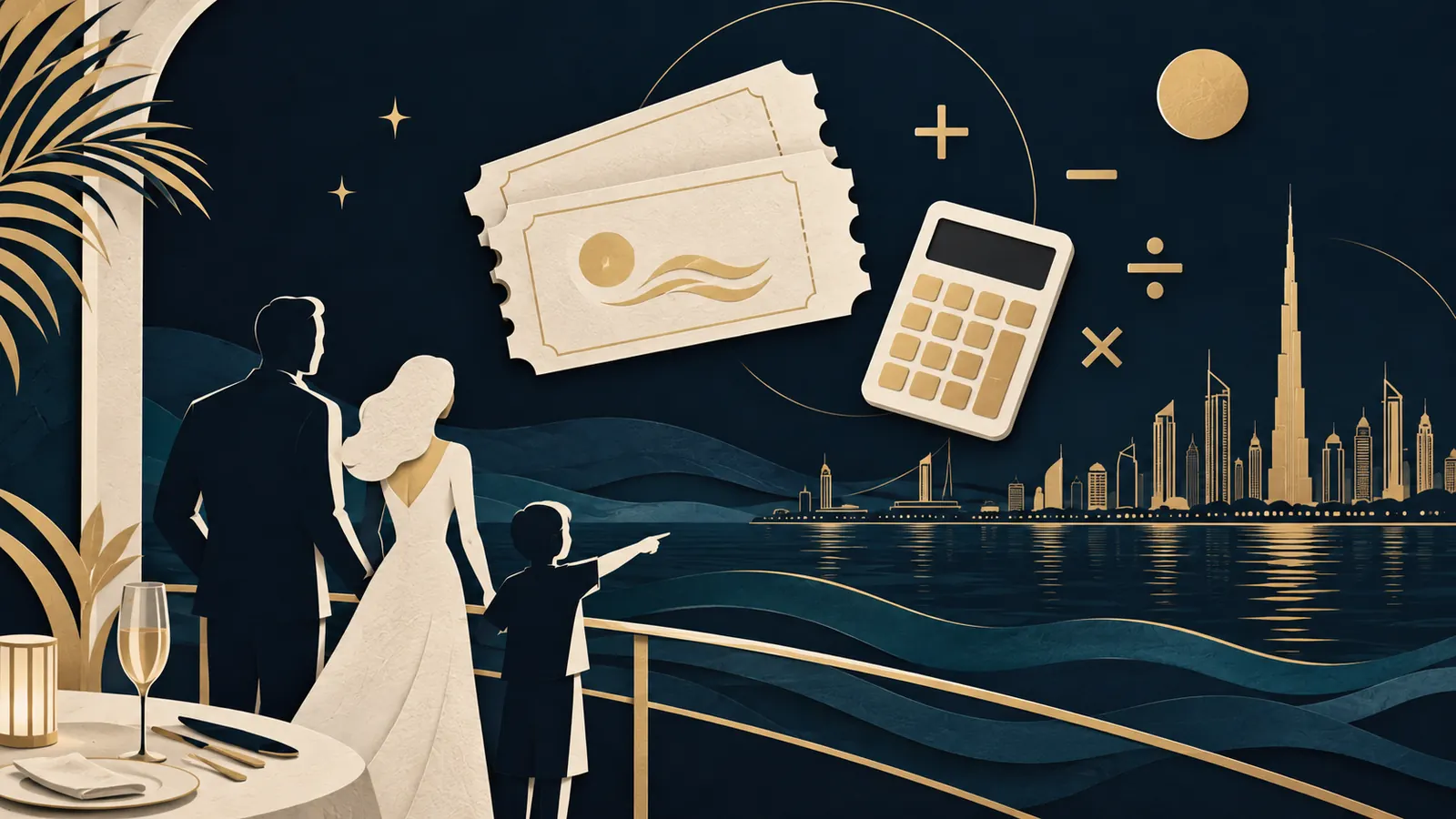 Editorial illustration of dinner-cruise tickets, family planning and Dubai waterfront views.