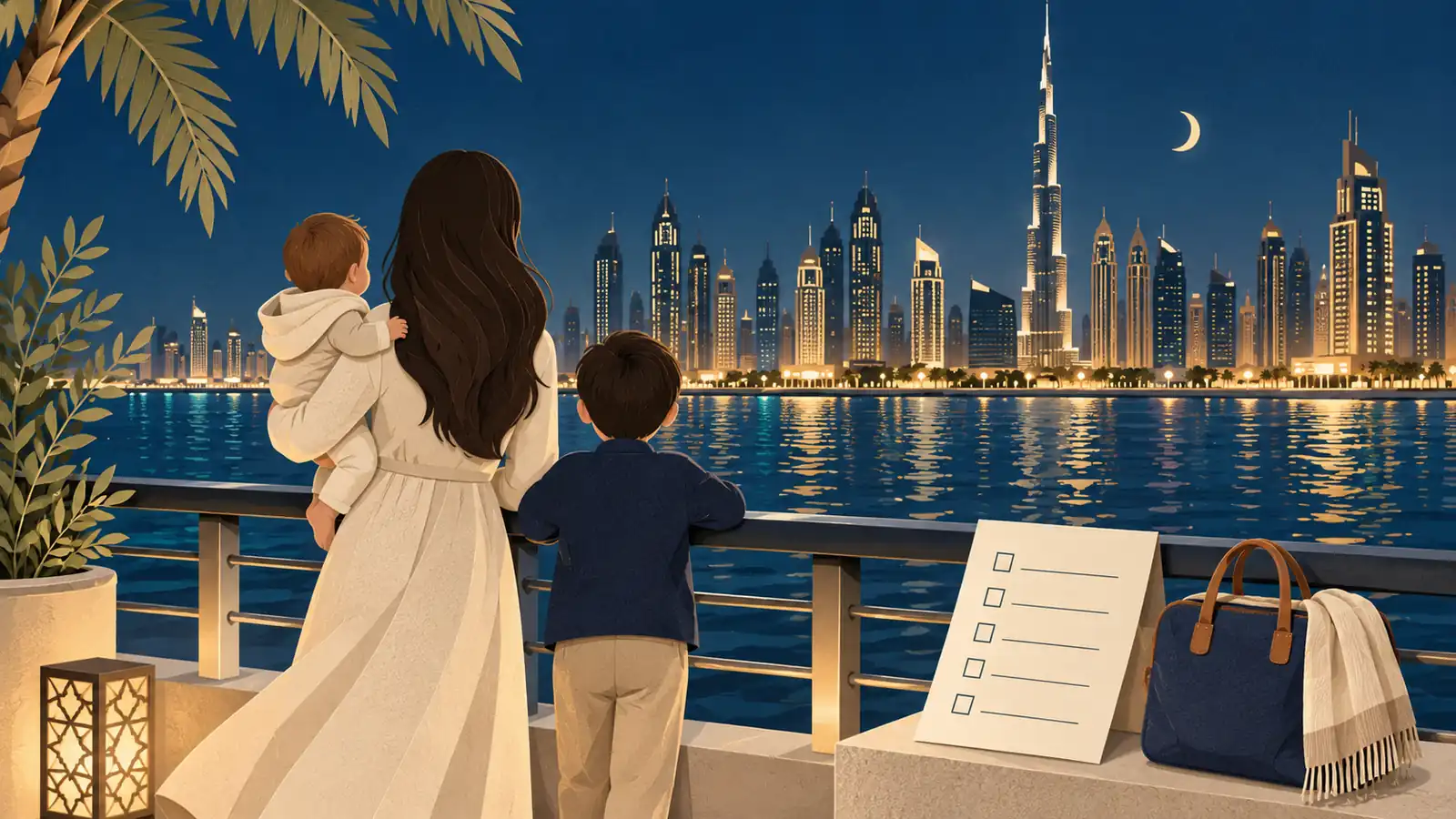 Editorial illustration of family cruise planning with adult, child and infant figures.