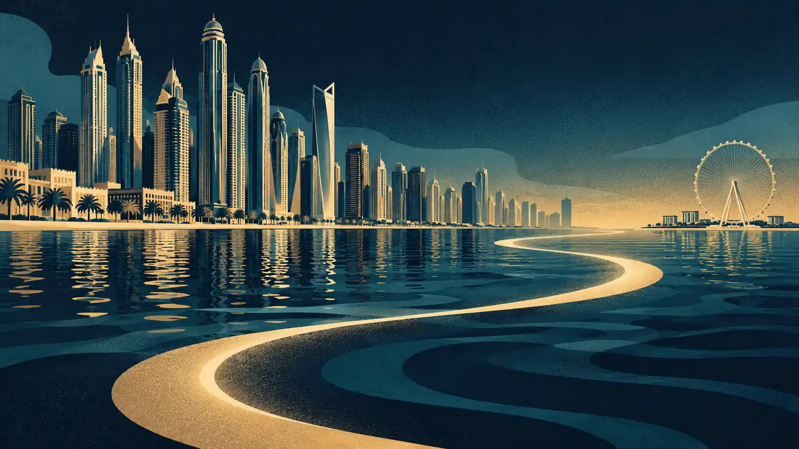 Illustrated Dubai waterfront route concept with skyline and water, not a navigation map.