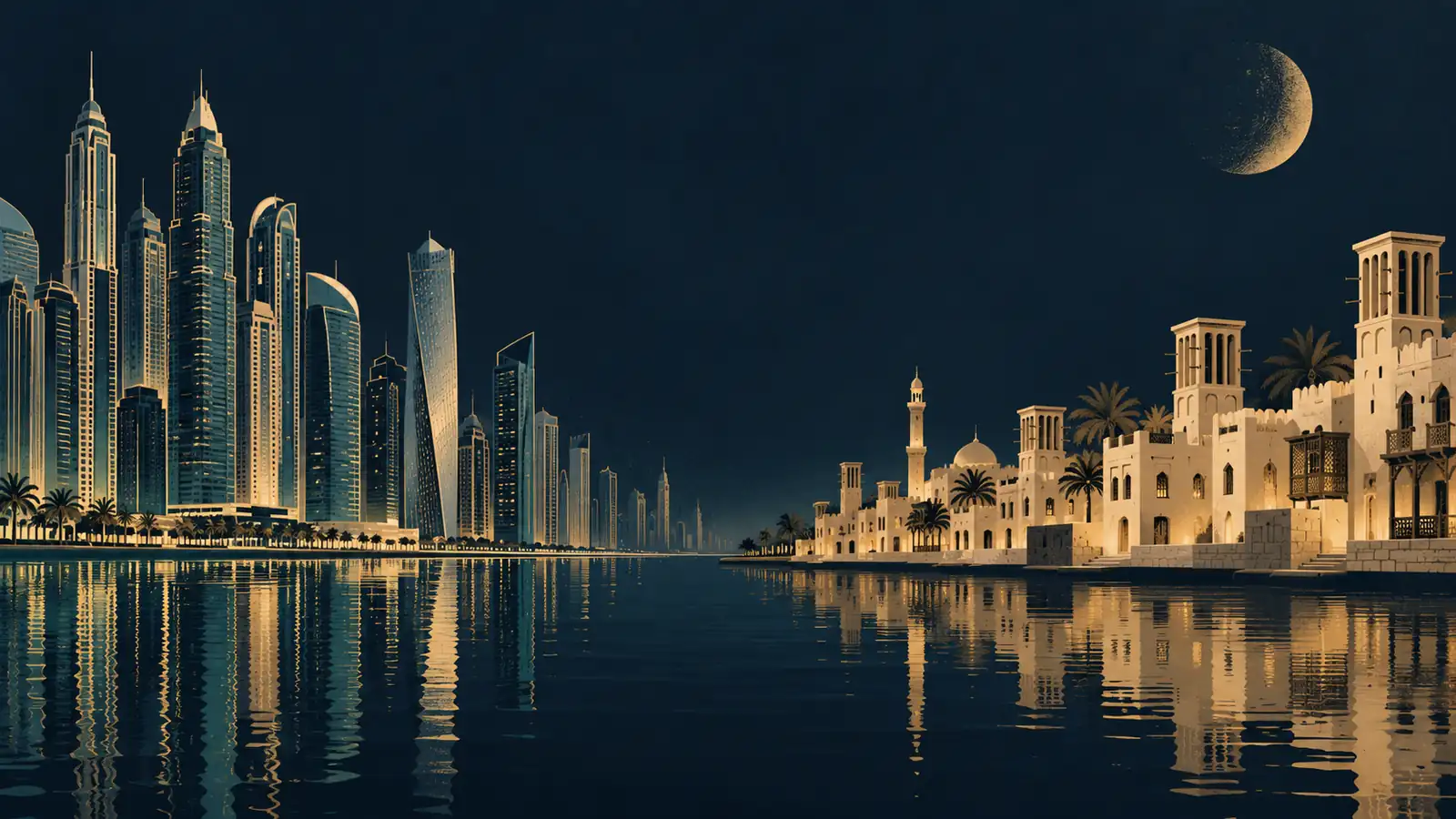 Editorial illustration contrasting the modern Marina skyline with the heritage-style Dubai Creek waterfront.
