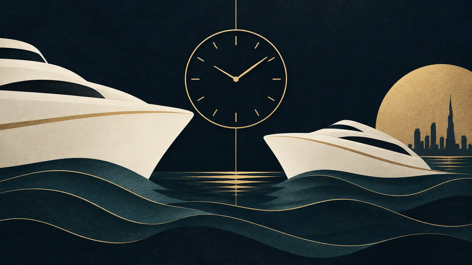 Editorial illustration of two private yachts and whole-vessel hourly price planning.