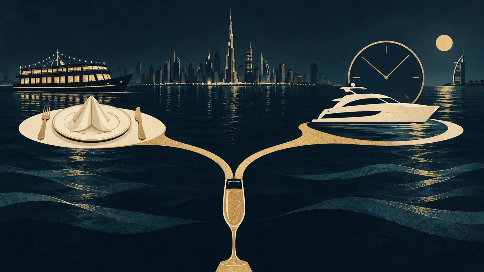 Editorial illustration comparing a private yacht outing with a shared dinner cruise.