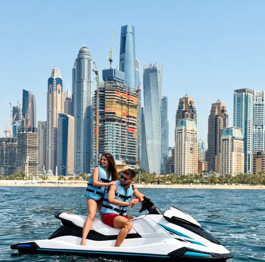 Two people on a Jet Ski with the Dubai skyline behind them
